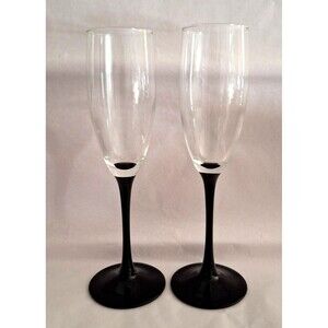 Luminarc France Signature Dominoe Black Stem Champagne Flutes Glasses Set Of 2